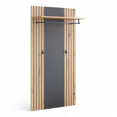 Stella Trading Lagos Garderobenpaneel in Artisan Eiche Optik, Anthrazit - Moderne Hutablage mit zuverlässigen Wandhaken für Jacken & Taschen - 80 x 150 x 28 cm (B/H/T)