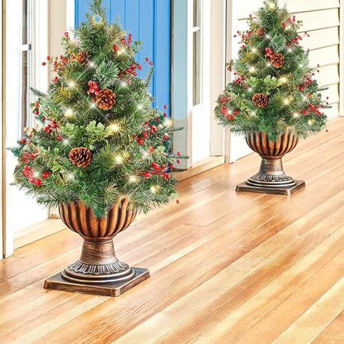 Christmas Holiday Planter, Prelit Christmas Pine Tree Holiday Planter Filler with Cones, Golden & Red Berries, Tripod Stake and 60 LED Lights for Outdoor Front Porch (Style-B)