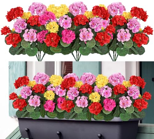 Weldomcor Set med fyra konstgjorda blommor för utomhus- och inomhusbruk, blomdekoration, pelargon, UV-resistent för trädgård, veranda, fönster, blomlåda, flerfärgad