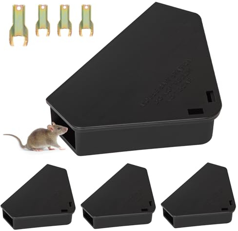 Mouse Station with Keys Black 4 Pack, Key Required Mouse Stations, Mice Stations, Keeps Children and Pets Safe Indoor & Outdoor