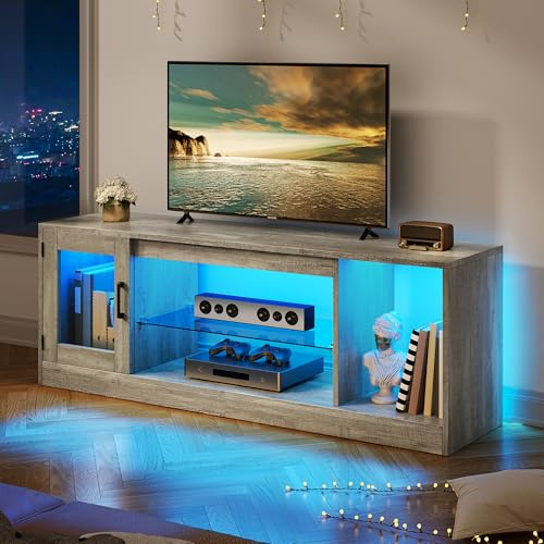 YITAHOME 148 cm TV Cabinet for TVs up to 65 Inches with 7 RGB LED 22 Modes Lights TVs Gaming Entertainment Centre, TV Lowboard with Adjustable Glass Shelves Stand for Living Room, Bedroom