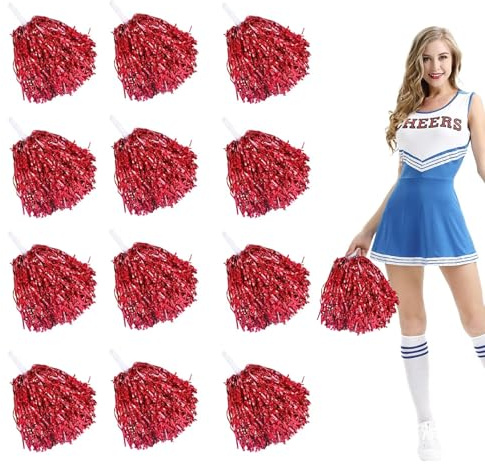 xolear 12 Pezzi Pompon da Cheerleading, Pompon da Cheerleader con Manici, Plastica Cheerleader Poms Pom per Danza, Sport Competizioni, Feste di Carnevale, Rosso