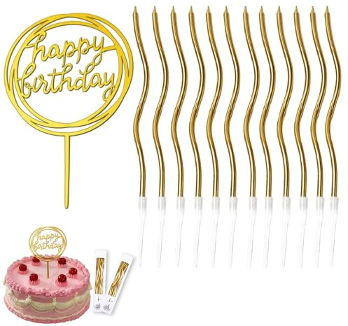 13 PCS Gold Birthday Cake Candles Kit, Birthday Candles for Cakes Spiral Patterns and Gold Happy Birthdays Cake Topper, Suitable for Birthdays Parties and Family Celebrations
