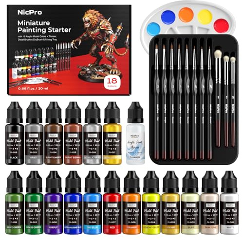 Nicpro Peinture Maquette Set 18 Couleurs X 20 ml, Peintures pour Modélisme Avec 20 ml Diluant, Palette, 11 Pinceaux De Précision et Drybrush, Peinture Miniature pour Maquettes, Figurines, Aérographe