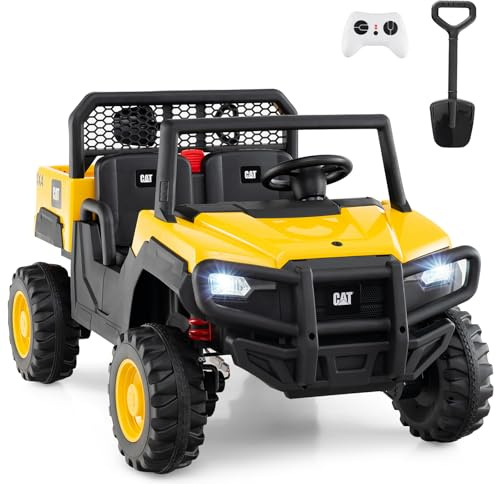 COSTWAY 24V Ride on Dump Truck, 2-Seater Licensed Caterpillar Kids Electric Car with Remote Control, Dump Bed, Extra Shovel, Ride on Construction Vehicles for Aged 3-8