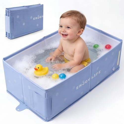 Foldable Baby Bath Tub, Extra Large Non-Slip Kids Bath Tub, Portable Space-Saving Baby Bathtub for Newborn, Toddler & Young Children, Collapsible Bath for Home, Shower Room & Travel (Dusty Blue)