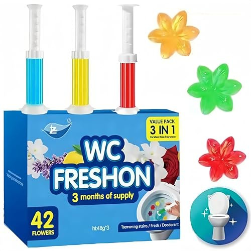 Juvydicomi Toilet Gel Stamp, 42 Flower Scent Stamps with Dispenser, 3 in 1 Value Pack, 3 Months Supply, Removes Odor and Decontaminates, Random Colors