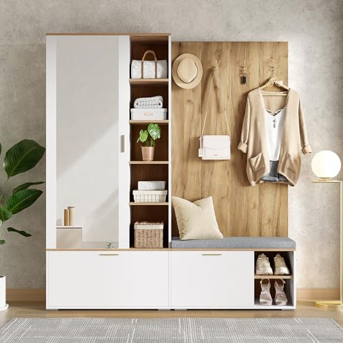 NADEUSAK Set appendiabiti da parete, bianco e naturale, 160 x 180 cm, scarpiera con ante pieghevoli e asta appendiabiti estensibile, con 4 ganci, specchio e panchina per scarpe