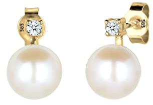 Elli DIAMONDS Ohrringe Damen Ohrstecker Perle Elegant mit Diamant (0.06 ct.) in 585 Gelbgold