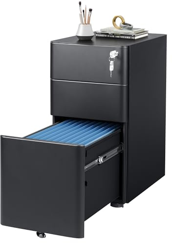 DEVAISE 3-Drawer Slim File Cabinet, Small Mobile Filing Cainet with Lock for Home Office, Fits Letter/Legal/A4 Size, 11.8 x 17.7 x 23.2 Inches (Pre-Assembled, Black)