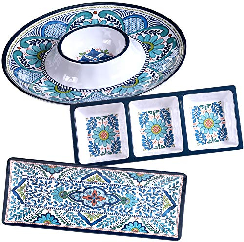 Talavera 3-Piece Melamine Hostess Serveware Set – Chip & Dip Server, 3-Section Relish Tray, and 19 Rectangular Platter – Colorful Southwest Serving Set for Entertaining & Outdoor Dining