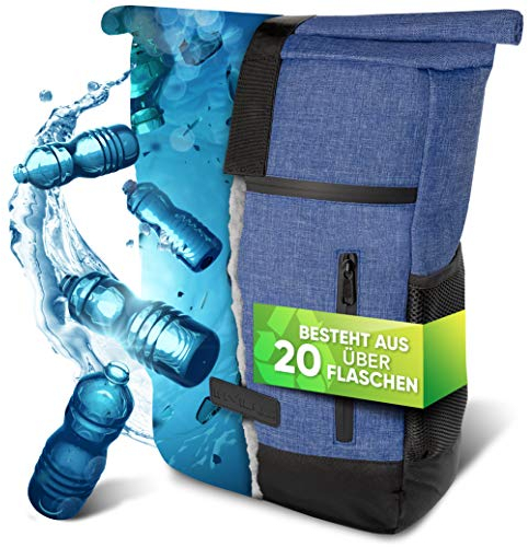 invilus ® - Rolltop Rucksack Damen und Herren aus Recycelten Plastikflaschen | Uni | Laptop Rucksack | Schule | Fahrradrucksack | Jeans Optik