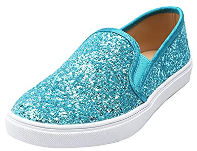Feversole Women's Fashion Slip-On Trainer Casual Flat Loafers，Skater Pumps Trainers Sneakers Shoes Turquoise Glitter