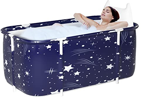 Sinbide Baignoire Pliable Adulte, Grand Antidérapant Baignoires Portable Mobile pour Douche, Pliante SPA Baignoire pour Petite Salle de Bain, Trempage Autoportante Baignoire, 132x68x47cm (Bleu)