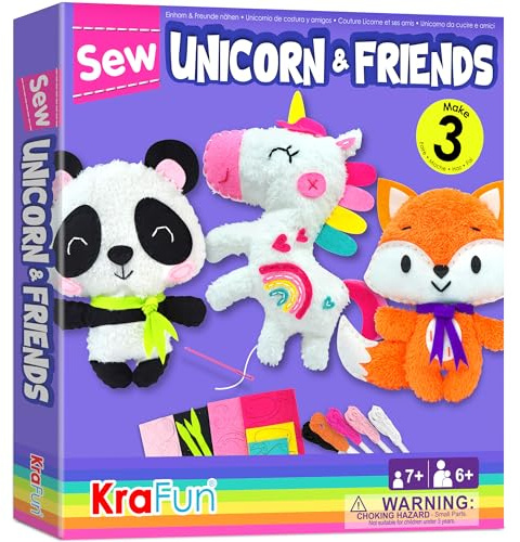 KRAFUN Kit de Couture Licorne pour Enfants 7-13 Ans, 3 Poupées en Peluche (Panda, Renard, Licorne), Feutre, Instructions, Étiquettes Tissu, Jouet Éducatif