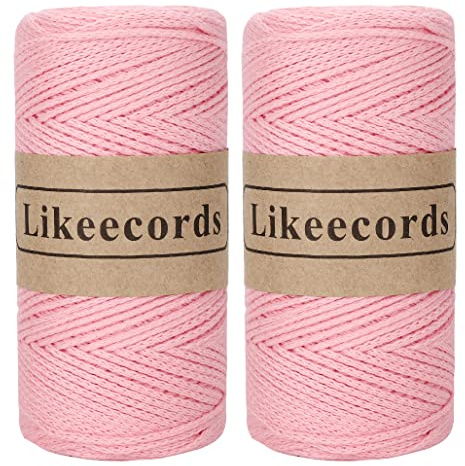 Likeecords 100% Cotton Rope Crochet Yarn Bag Cord 2mm 350Yards Braided Macrame Cord Macrame Rope Crochet Thread Gift for Knitter (Pink)