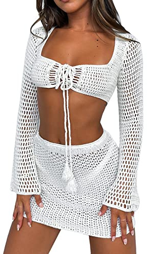 Conjunto de falda y bikini de crochet para mujer Conjunto de falda de ganchillo de 2 piezas Sexy manga larga liso hueco atar-para arriba Crop Top+Waistlet Falda Y2K Bodycon Ropa de calle playa