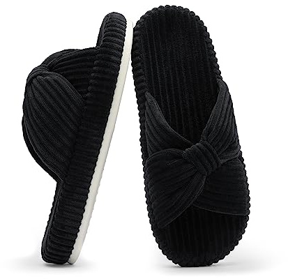 Chantomoo Slippers for Women Memory Foam House Bedroom Corduroy Bow Crossbands Slipper Shoes Comfy Trendy Gift Slippers Black Size 9 10 8.5