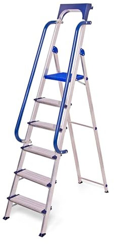 HOSTROM Escabeau 6 marches Secure Pro, Aluminium renforcé, sécurisé avec rampes, Tablette Porte-Outils, Hauteur Plateforme 135cm, Charge 150kg