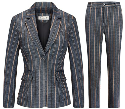 Womens 2 Piece Striped Suits Casual Slim Fit Two Button Blazer and Pants Suit Set for Work Business Office(Blue Striped,Medium)