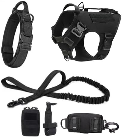 MOKATES Harnais pour chiens de grande taille - Berger allemand, Malinois, gilet d'entraînement - Harnais et laisse et collier - Ensemble pour toutes les races de chiens - Noir - Ensemble complet