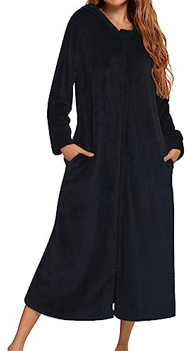 Rrongwn Peignoir long à fermeture éclair pour femme - En flanelle polaire - Manteau d'hiver chaud - Chemise de nuit - Pyjama en flanelle - Vêtement de nuit - Velours éponge - Peignoir de luxe, Noir ,