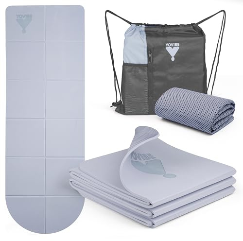 YoVibe - Tappetino Yoga Antiscivolo Professionale con Telo Fitness e Sacca Sportiva - Tappetino Pilates Pieghevole Antiscivolo e Impermeabile 183x60 cm (Blu)