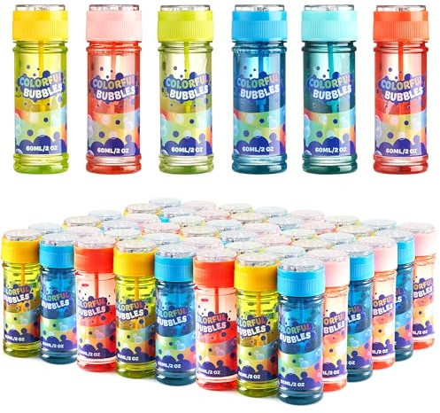 JOYIN 48 botellas de burbujas (60ml/2oz de solución de burbujas) Diseño colorido arcoíris para fiestas infantiles, varita de burbuja, juguete de verano, regalos de fiesta de burbujas, cumpleaños