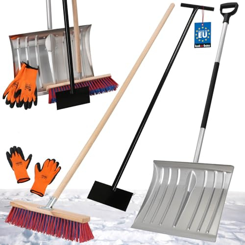 KOTARBAU® Set pala da neve con lama in alluminio 38 x 50 cm, scopa da strada con manico 150 cm, raschietto per ghiaccio 119 cm + guanti, pala da neve, manico per rimozione della neve