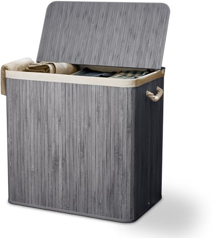 Juskys Bambus Wäschekorb Curly Grau 150L - Hygienischer Wäschekorb mit Deckel, Tragegriff & Wäschesack - 3 Fächer - Natürliche Bambus Optik
