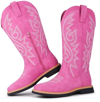 Hawkwell Botines de vaquero para mujer, con puntera cuadrada, cremallera lateral, bordadas, tacón bajo, botas de estilo occidental de media pantorrilla, fucsia, 38 EU