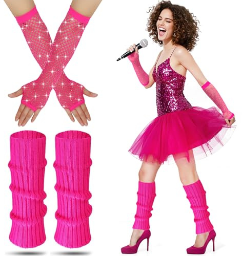 Deguisement Annee 80 Femme, Rétro 80s Neon Jambes Chauffers et Gants de Filet de Poisson de Diamant Set pour la Robe Fantaisie de Fête de Festival et Halloween.