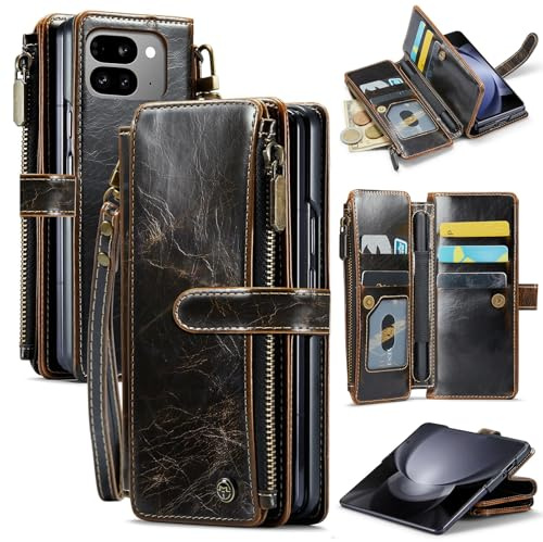 Deekeewe for Google Pixel 10 Pro Fold Wallet Case with Card Holder,Women Men RFID Blocking PU Leather Flip Cover Zipper Wrist Strap Kickstand Phone Case for Pixel 10 Pro Fold 2025,Coffee