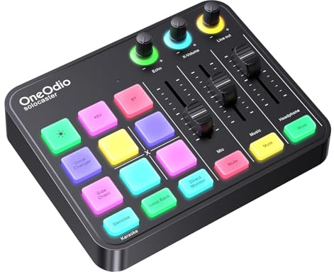 OneOdio Solocaster Gaming Audio Mixer - Interfaccia a 5 Canali con Alimentazione Phantom 48V, Bluetooth, Illuminazione RGB, 3.5mm/XLR/USB C, per Streaming/Podcast/Karaoke su PC, Mac, Mobile