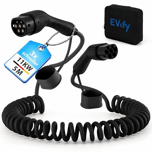 EVify Cable de carga en espiral tipo 2, 11 kW, 5 m, 16 A, para coche eléctrico e híbrido, incluye bolsa de cables, cable en espiral de 3 fases para EV PHEV • Ahorro de espacio, adecuado para todos los