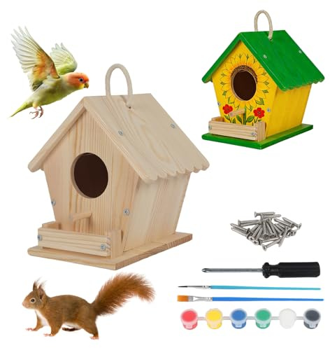 Wooden DIY Bird House Kit, Hanging Birdhouse Arts and Crafts for Kids and Adults to Build and Paint, Including Paints and Brushes, Outdoor Craft Set for Garden, Ecological Bird Protection (Style 3)