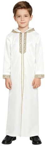 Kaerm Boys Dubai Abaya Islamic Arabic Middle East Loose Kaftan Robe Zipper Front Prayer Thobes Dress White 11-12 Years