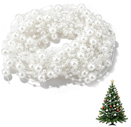 Cadena de guirnaldas de Perlas Falsas Blancas de 10M, Cadena de Cuentas Artificiales para árbol de Navidad, Boda y decoración del hogar, hebra de Perlas de plástico Flexible