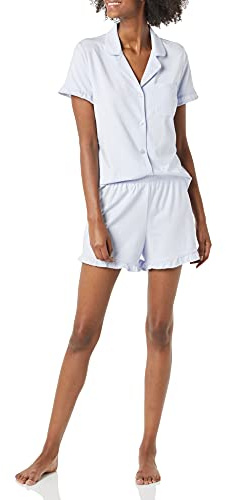 Amazon Essentials Pigiama Corto con Collo A Risvolto Dentellato in Cotone Modal, Comodo Abbigliamento da Casa (Disponibile per Taglie Forti) Donna, Celeste, XXL