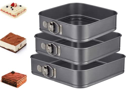 YIN AISIKE Springform Cake Pan Square 9.5inch,10inch,11inch, Set of 3 non stick leakproof cake baking pans with removable bottom, Non Stick Carbon Steel…