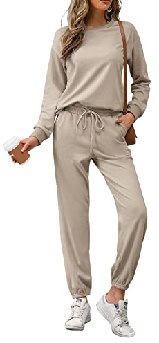 REORIA Womens Long Sleeve Crewneck Solid Color Two Piece Outfit Hoodie Jogger Tracksuit Set Sweatshirt & Sweatpants Khaki XL