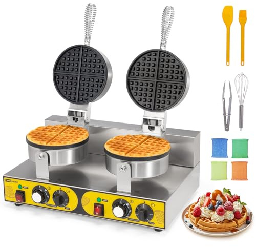Dyna-Living Commercial Waffle Maker Double Head Waffle Maker, 2400W Non-Stick Commercial Waffle Iron Stainless Steel Waffle Machine for Restaurants, Large Waffle Machine Commercial