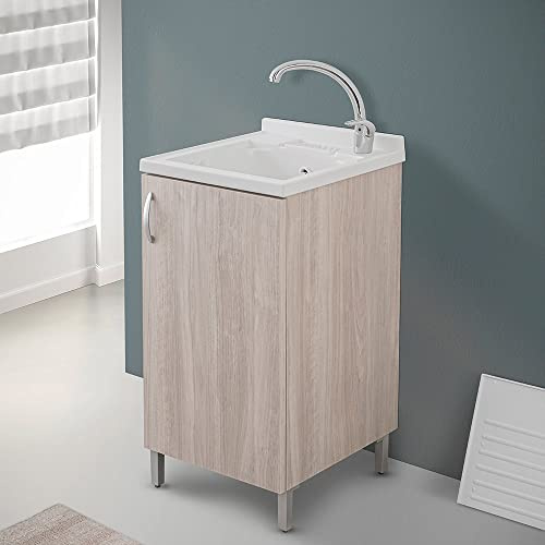 Mobile lavatoio Lavanderia in Legno con Vasca in Resina Resistente agli acidi, Completo di ASSE di Lavaggio e Kit sifone + piletta (Olmo, 45x50 cm 1 Anta)