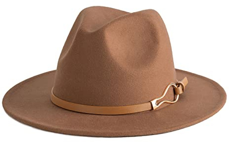EOGIMI Fashion Women Wide Brim Fedora Floppy Panama Hat with Belt Buckle Khaki