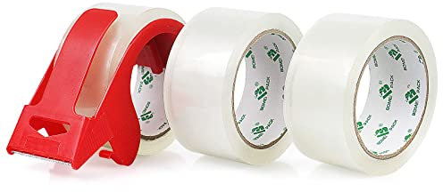 BOMEI PACK Lot de 3 rouleaux de Ruban adhésif Transparent avec Dérouleur 66 m x 48 mm Emballage de ruban adhesif pour boîtes d'emballage et carton