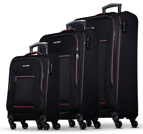 NOWI Sevilla Kofferset 3-teilig – Weichschalen Trolley Set (30L, 50L, 76L) mit 4 Rollen & Zahlenschloss | Leichte Reisekoffer in verschiedenen Größen (Schwarz-Rot, Set)