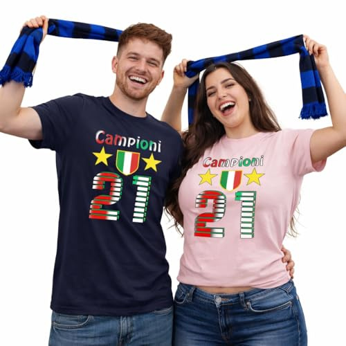 PELUSCIAMO T-Shirt Calcio Campioni d'Italia 2025/2026 Seconda Stella 21 Scudetti Tifosi Nero Azzurri Nero | da 3 Anni alla 4XL Maglietta in Cotone PS 27431-INT05