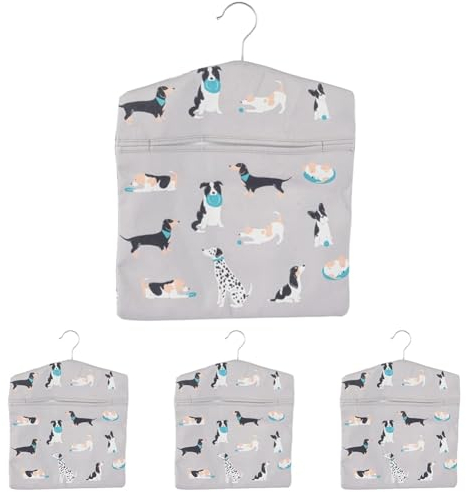 Beldray LA032005DFEU7 Dog Print Peg Bag – Hang on Line, Peg Organisation, Easy Hanging Hook for Storage, Holds up to 100 Peg Bags, Reusable, Indoor/Outdoor Use, Clothes Peg Bag, 33 x 30 cm (Pack of 4)