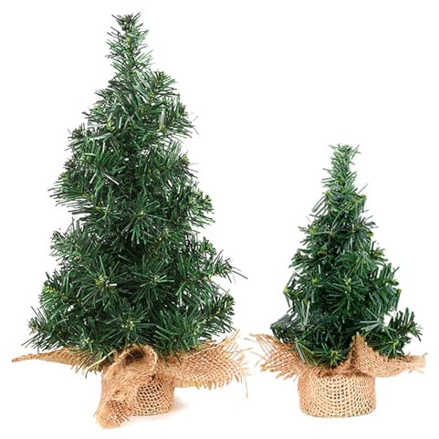 JINXIAN 2 Pezzi Mini Albero di Natale 20 cm 30 cm PVC albero di Natale da Tavolo in Sacchetto di Iuta Albero di Natale Artificiale Decorazioni per la Casa di Natale