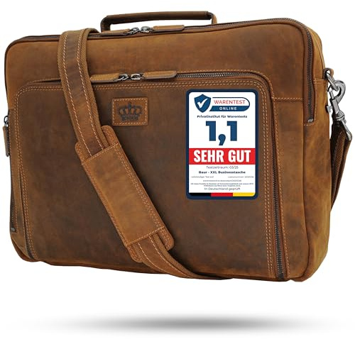 Baur XXL Tasche Echtleder – EXTRA GROßE Laptoptasche für 13, 14, 15 & 16 Zoll – Sehr geräumige Business- & Aktentasche mit viel Stauraum – Notebook-Maße max. 38cm x 28cm (Büffelleder Braun)